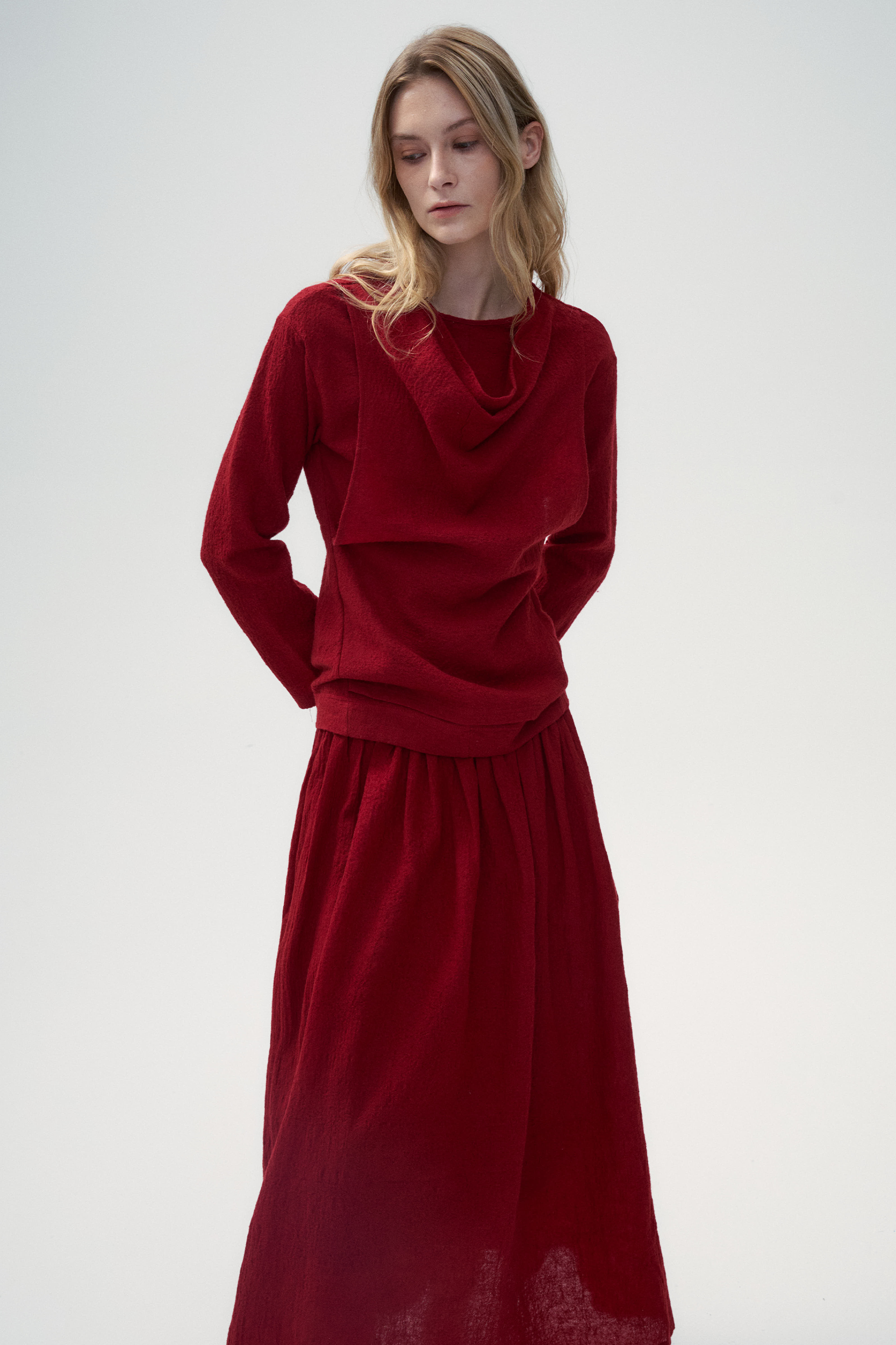 Voluminous Wool Blend Knitted Pullover - Ruby