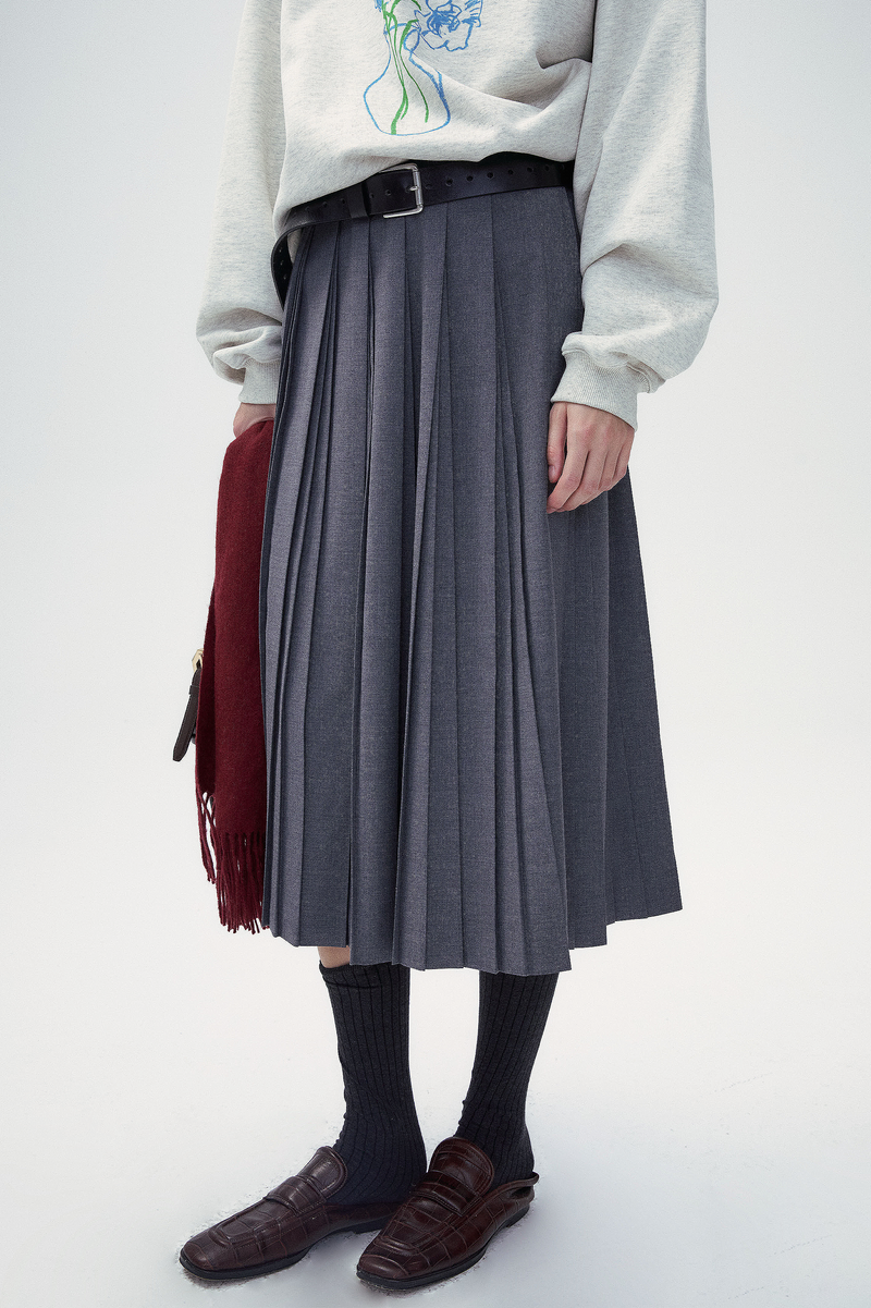 Wool Blend A-shape Pleated Skirt - Gray