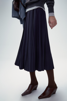 Wool Blend A-shape Pleated Skirt - Navy blue