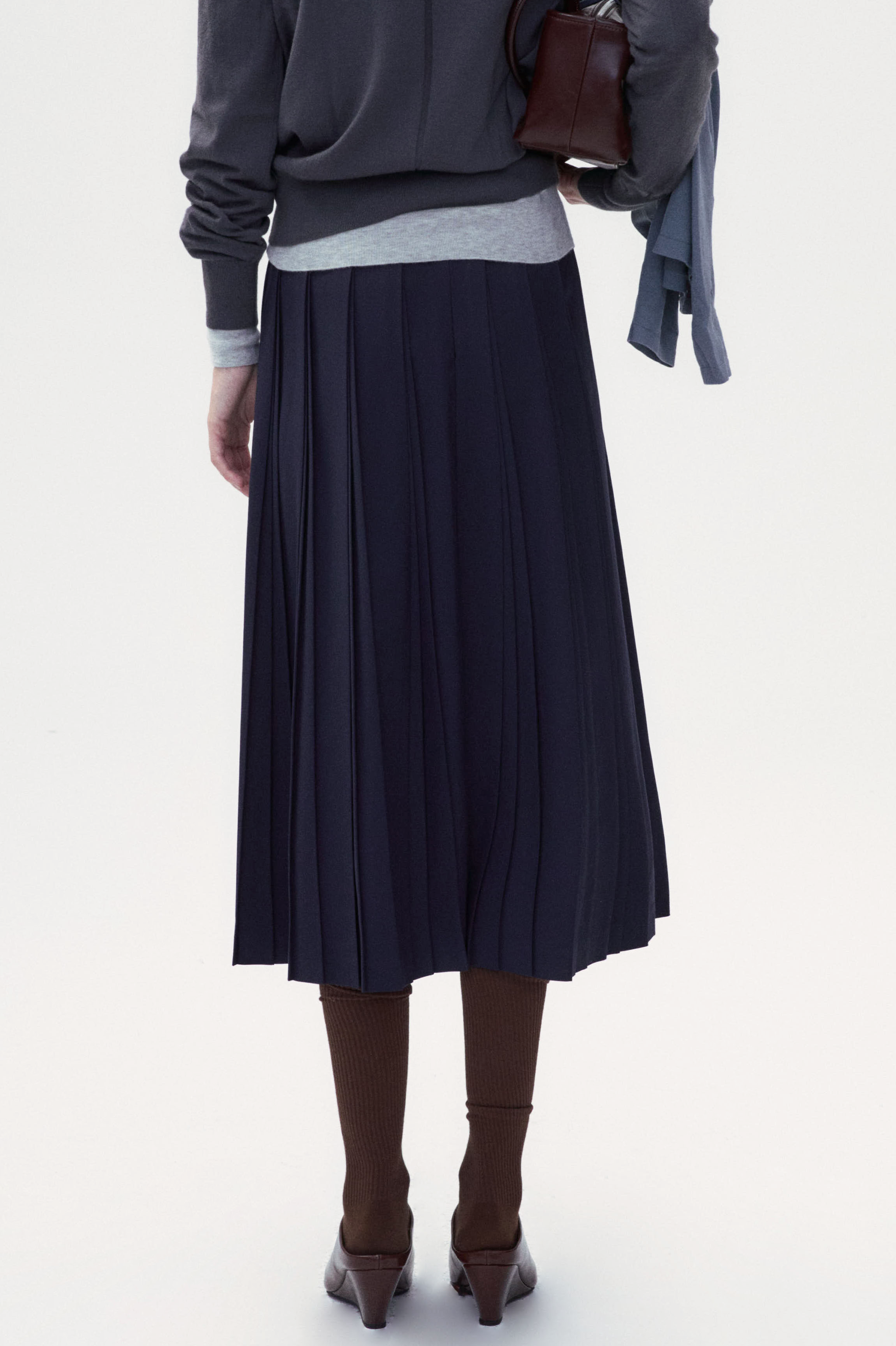 Wool Blend A-shape Pleated Skirt - Navy blue