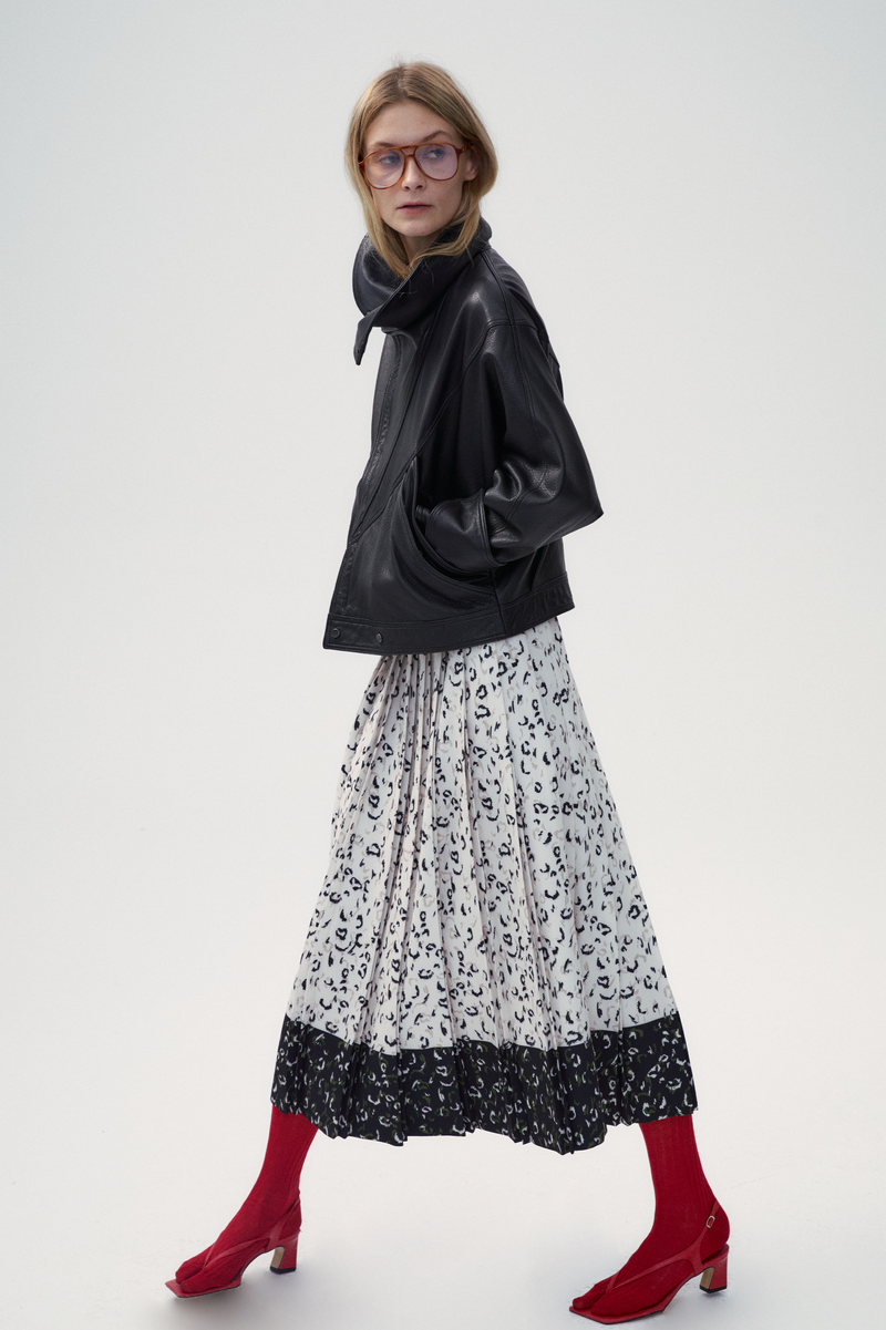 Color Block Leopard Print Pleated Skirt