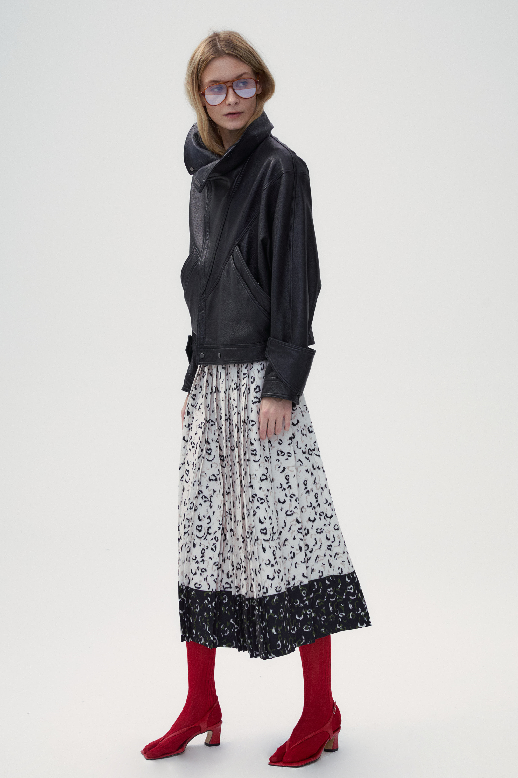 Color Block Leopard Print Pleated Skirt